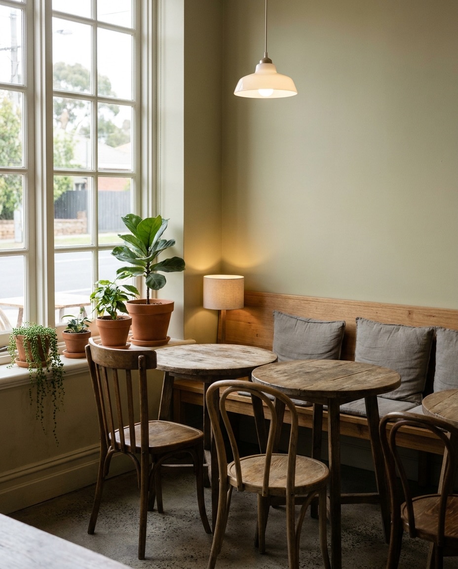 A quiet café corner by a big window: two small round timber tables, bentwood chairs, a cushioned bench, plants and a lamp.