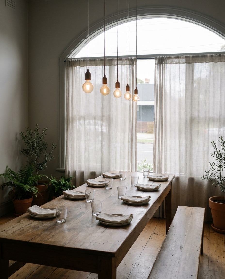 A long timber table set simply for eight by an arched window with linen curtains, low pendant lights and a bench seat.